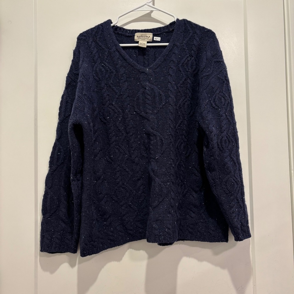 Sonoma Jean Company Mens Navy Blue 100% Wool Cable Knit V-Neck Sweater Large